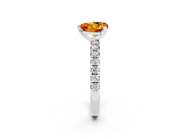 Platinum Heart Cut Citrine Solitaire Pavé Engagement Ring with Round Band and Prong Setting