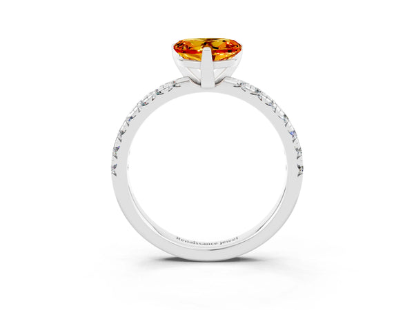 Platinum Heart Cut Citrine Solitaire Pavé Engagement Ring with Round Band and Prong Setting