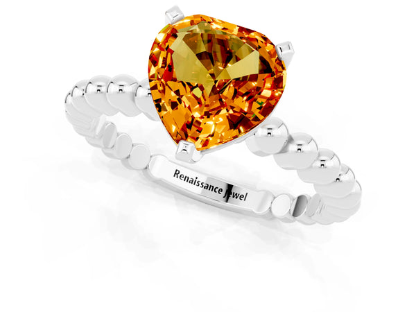 White gold Heart Cut Citrine Solitaire Ring with Beaded Band and Prong Setting