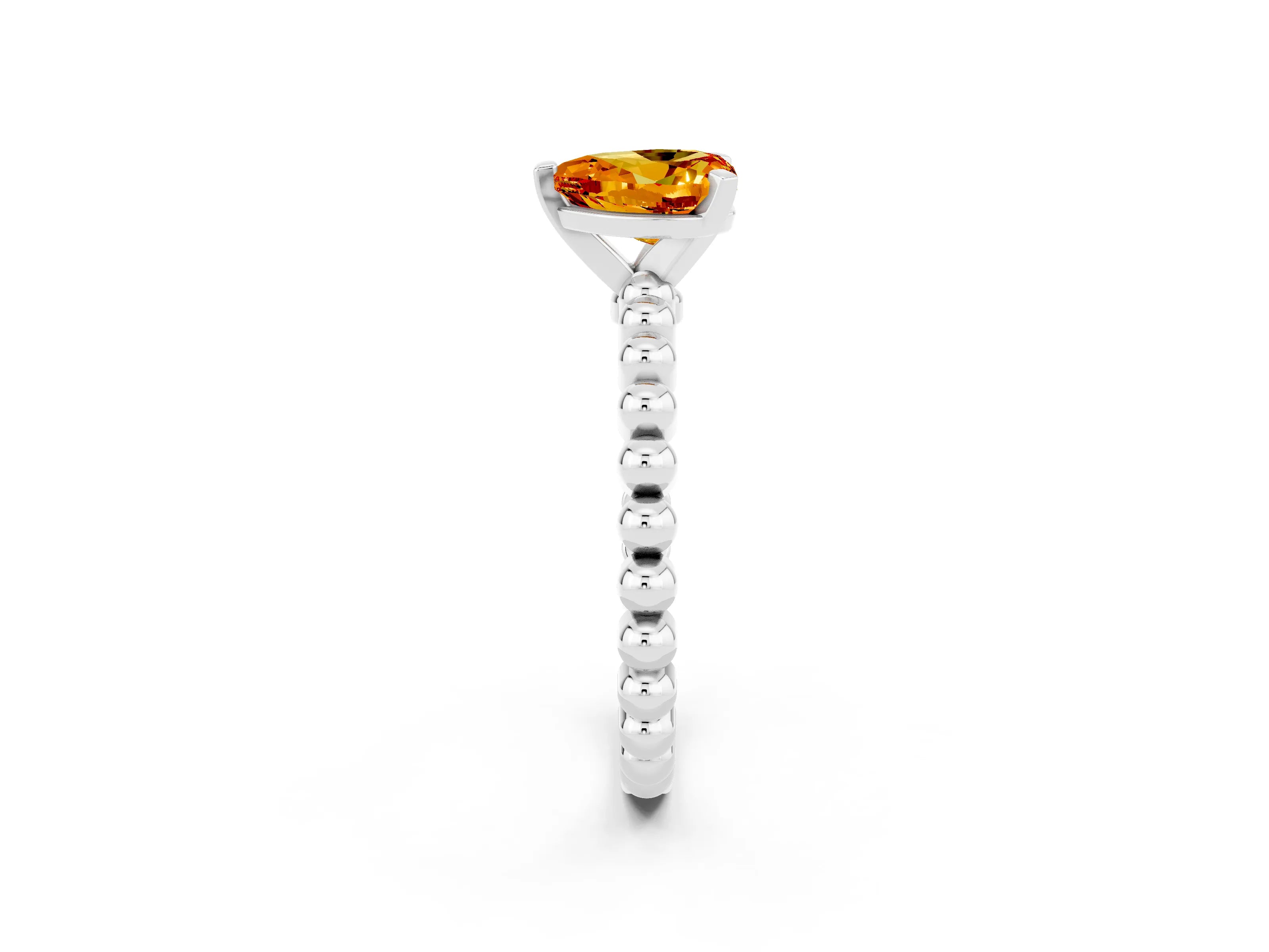 White gold Heart Cut Citrine Solitaire Ring with Beaded Band and Prong Setting_2