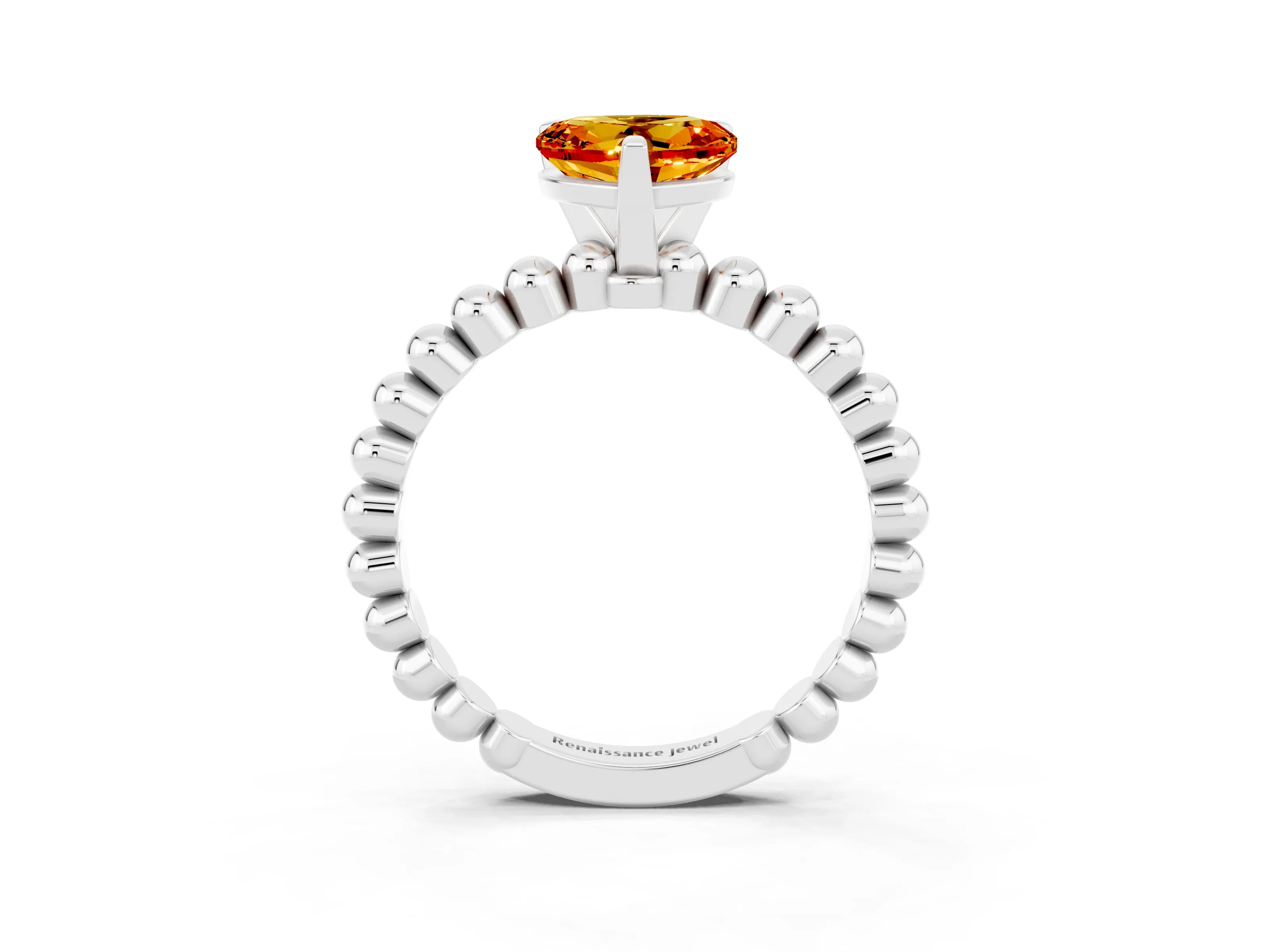 White gold Heart Cut Citrine Solitaire Ring with Beaded Band and Prong Setting_3