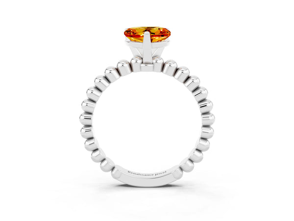 Silver Heart Cut Citrine Solitaire Ring with Beaded Band and Prong Setting