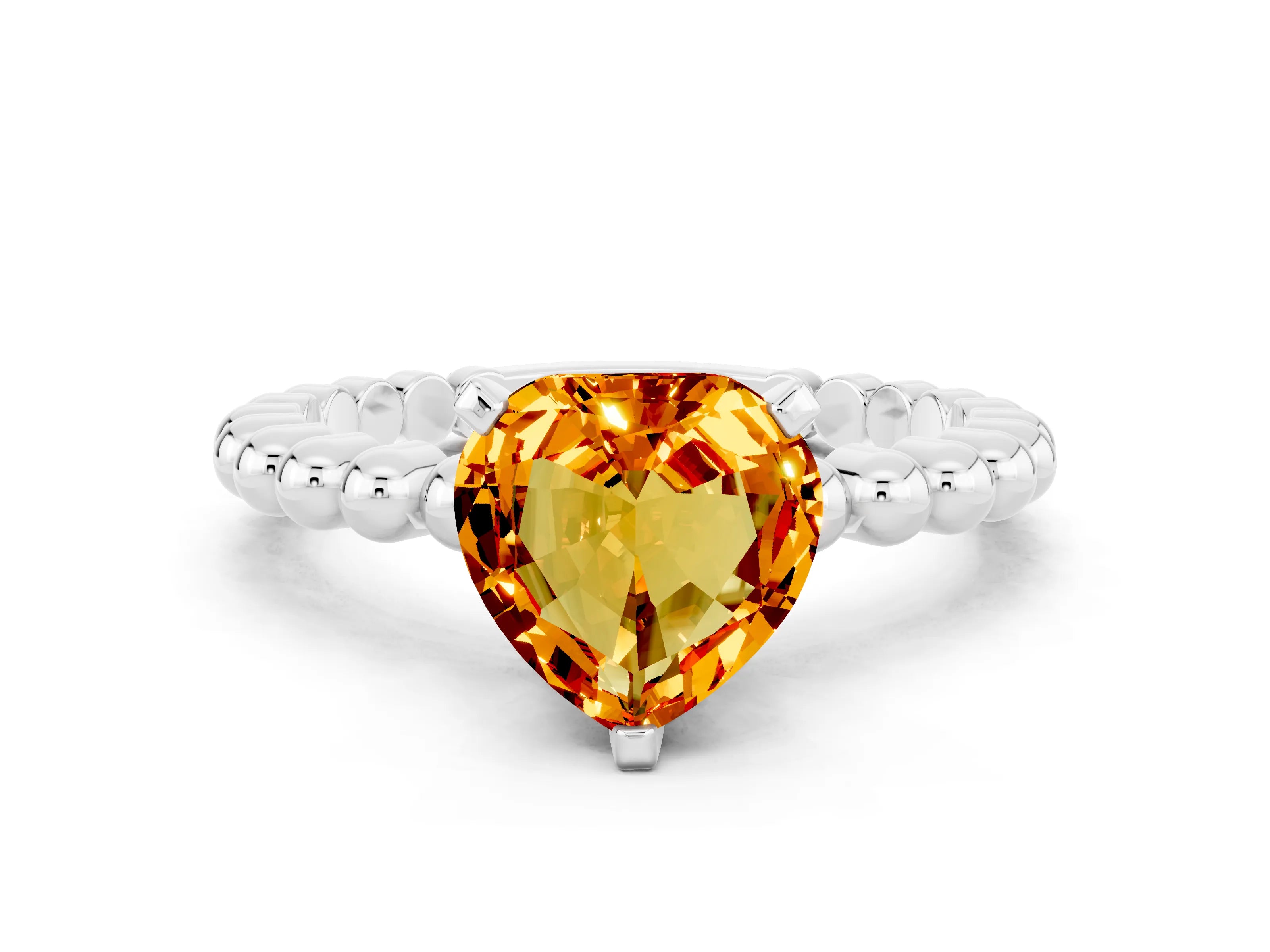 White gold Heart Cut Citrine Solitaire Ring with Beaded Band and Prong Setting