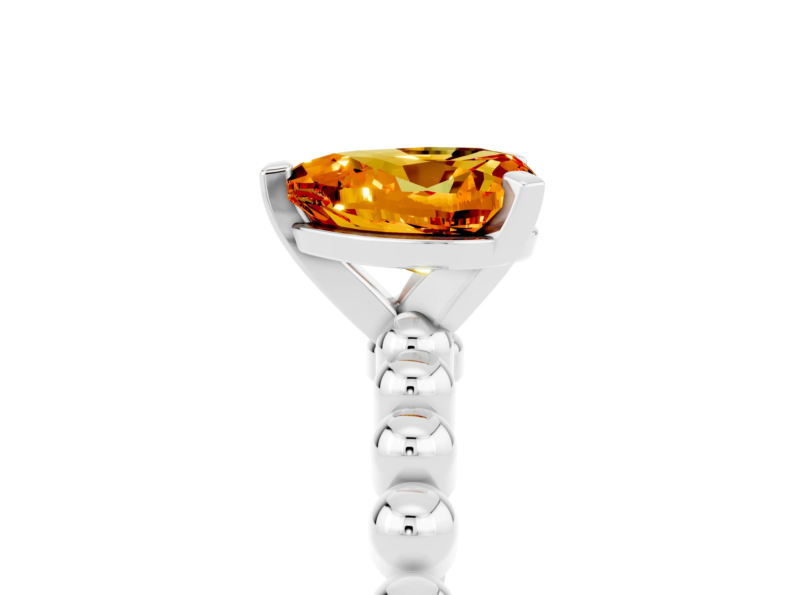 White gold Heart Cut Citrine Solitaire Ring with Beaded Band and Prong Setting_5