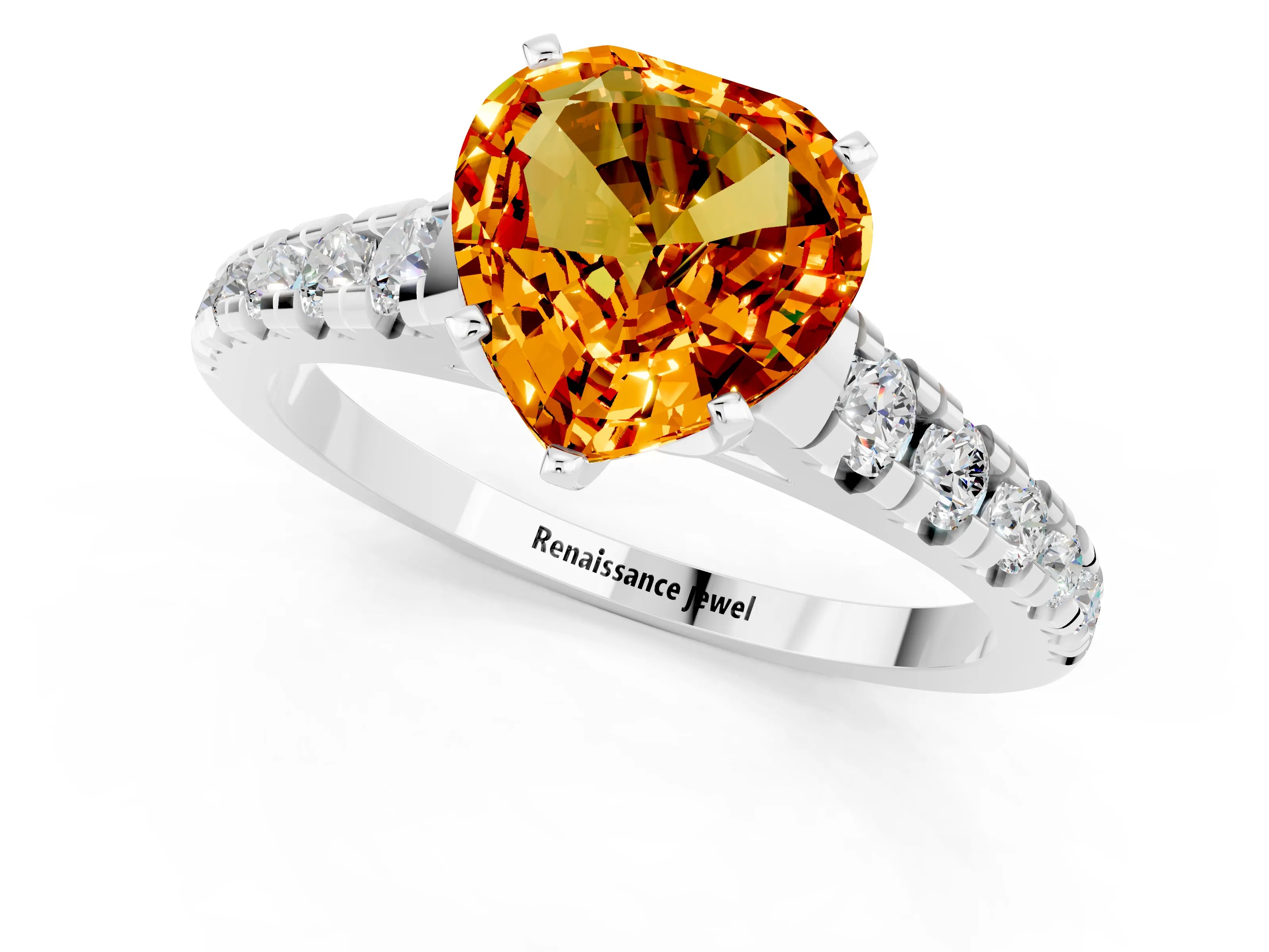 White gold Heart Cut Citrine Solitaire Ring with Cathedral Setting and Pavé Band_1