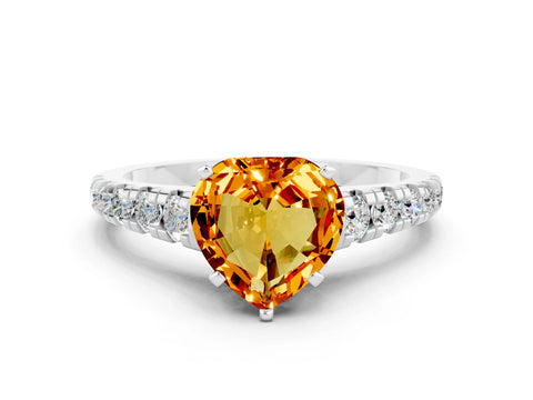 White gold Heart Cut Citrine Solitaire Ring with Cathedral Setting and Pavé Band