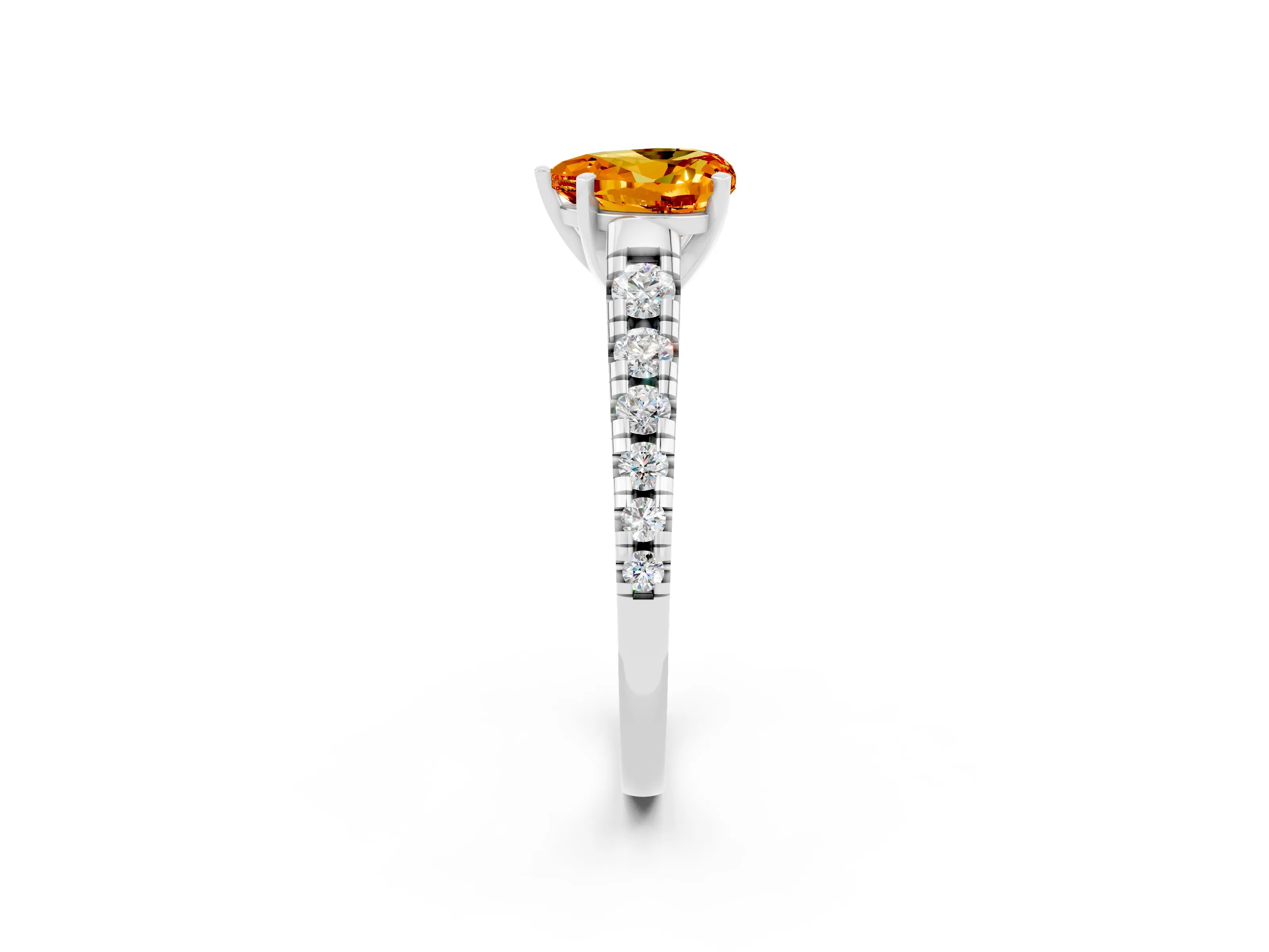 White gold Heart Cut Citrine Solitaire Ring with Cathedral Setting and Pavé Band_2