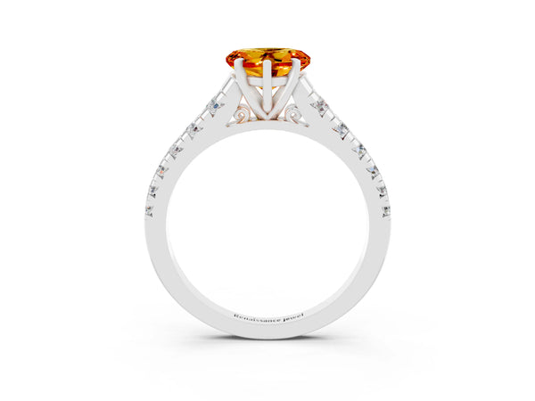 Platinum Heart Cut Citrine Cathedral Solitaire Ring with Round  Pavé Band