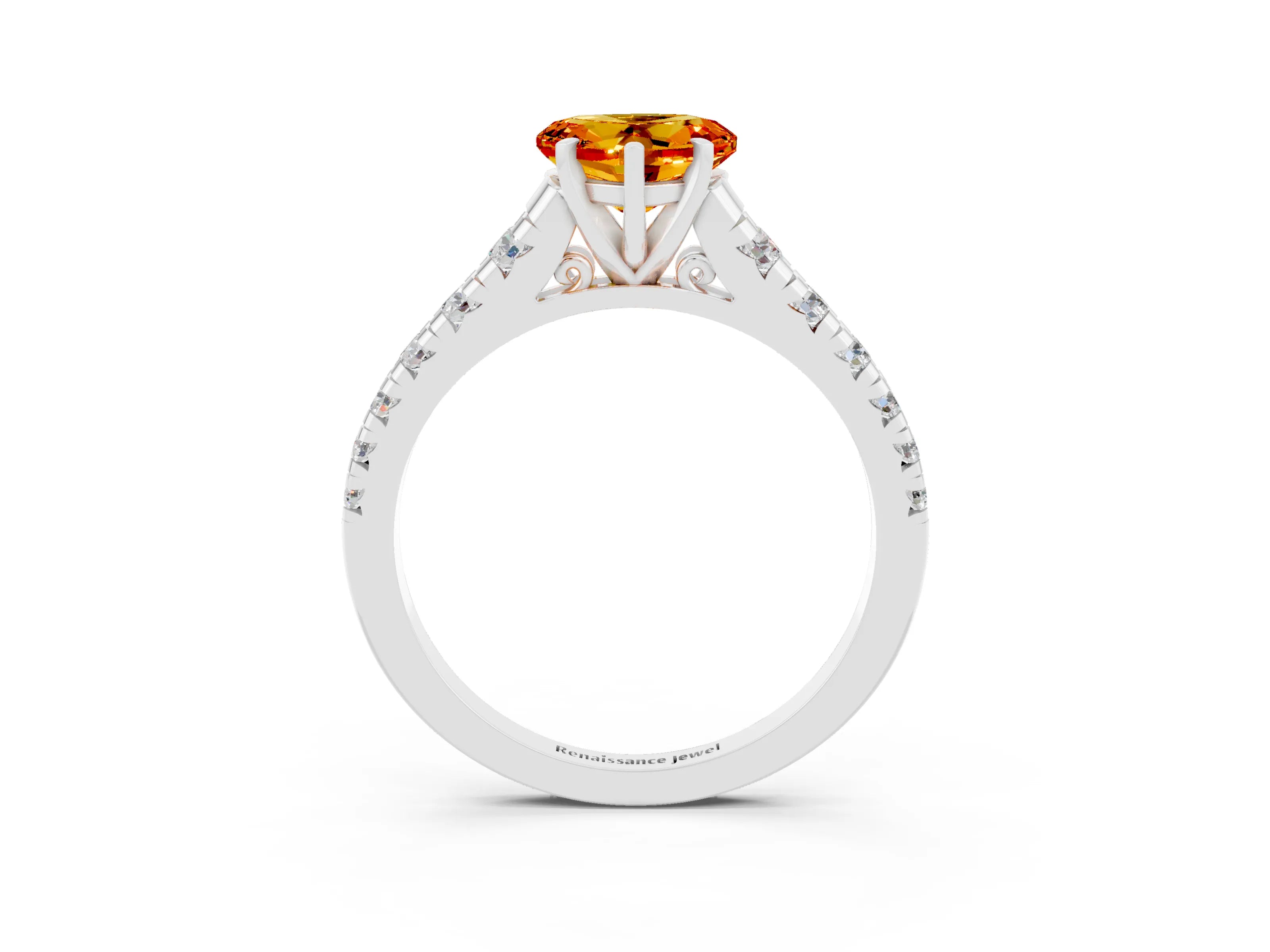 White gold Heart Cut Citrine Solitaire Ring with Cathedral Setting and Pavé Band_3