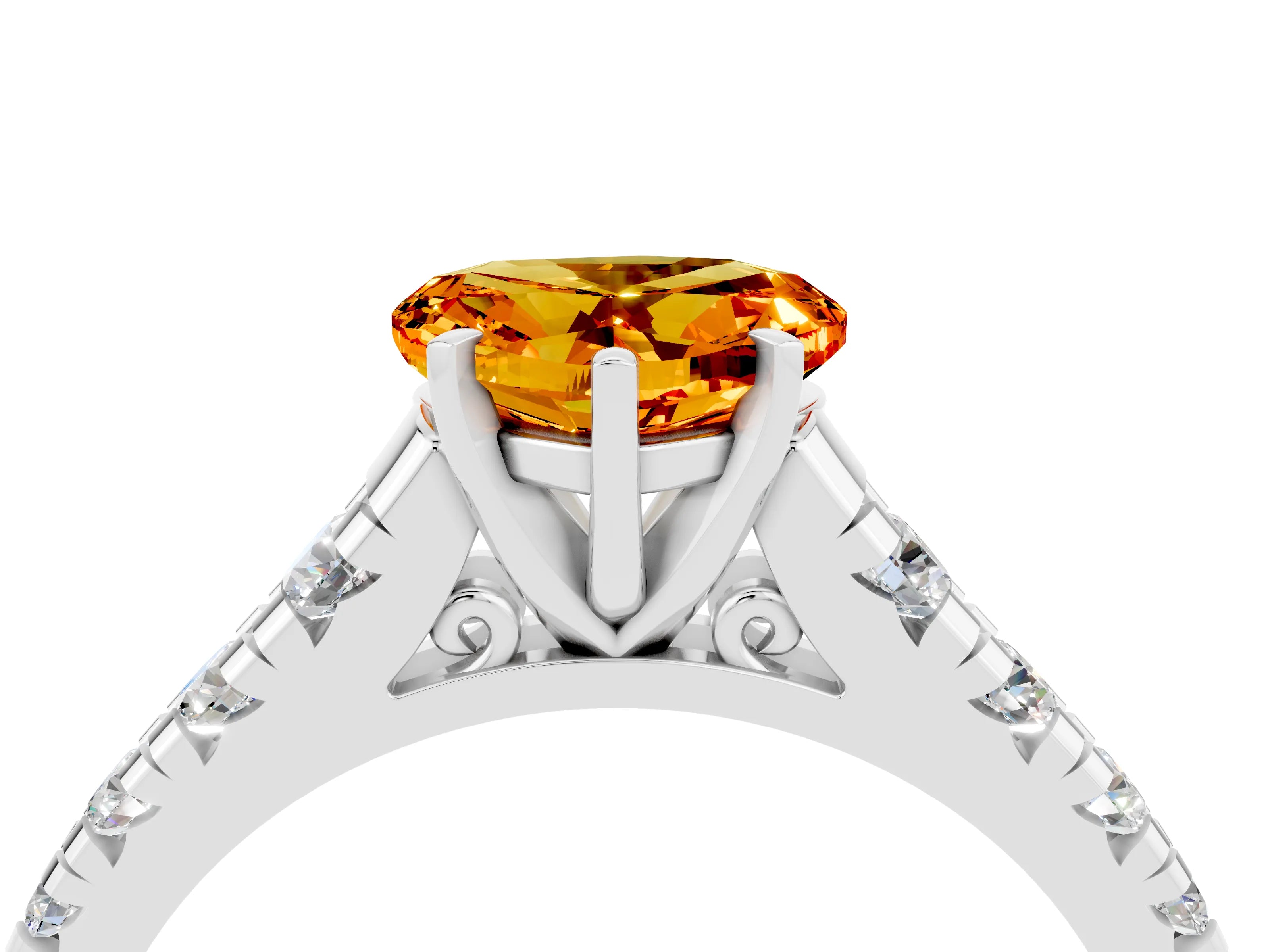 White gold Heart Cut Citrine Solitaire Ring with Cathedral Setting and Pavé Band_4