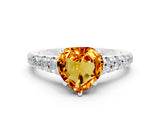 White gold Heart Cut Citrine Solitaire Ring with Cathedral Setting and Pavé Band
