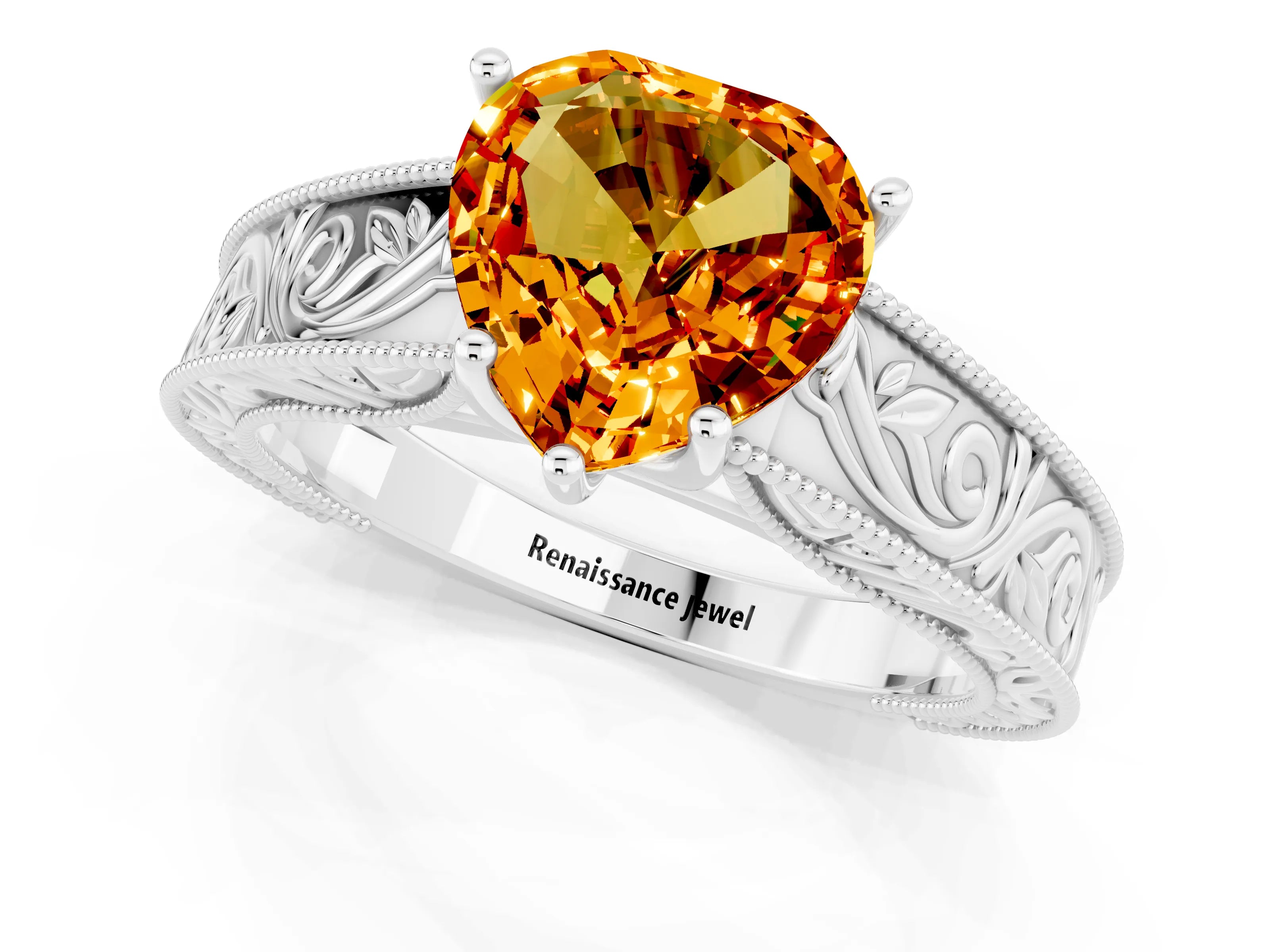 White gold Heart Cut Citrine Solitaire Ring with Engraved Band and Four-Prong Setting_1