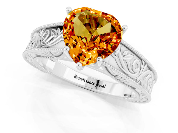 Platinum Heart Cut Citrine Solitaire Ring with Engraved Band and Four-Prong Setting