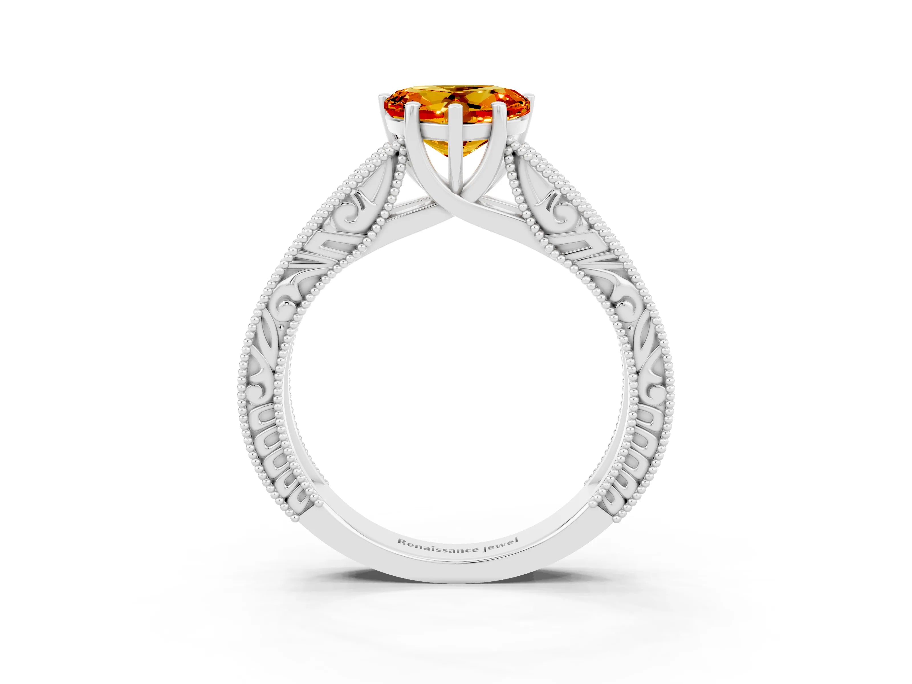 White gold Heart Cut Citrine Solitaire Ring with Engraved Band and Four-Prong Setting_3