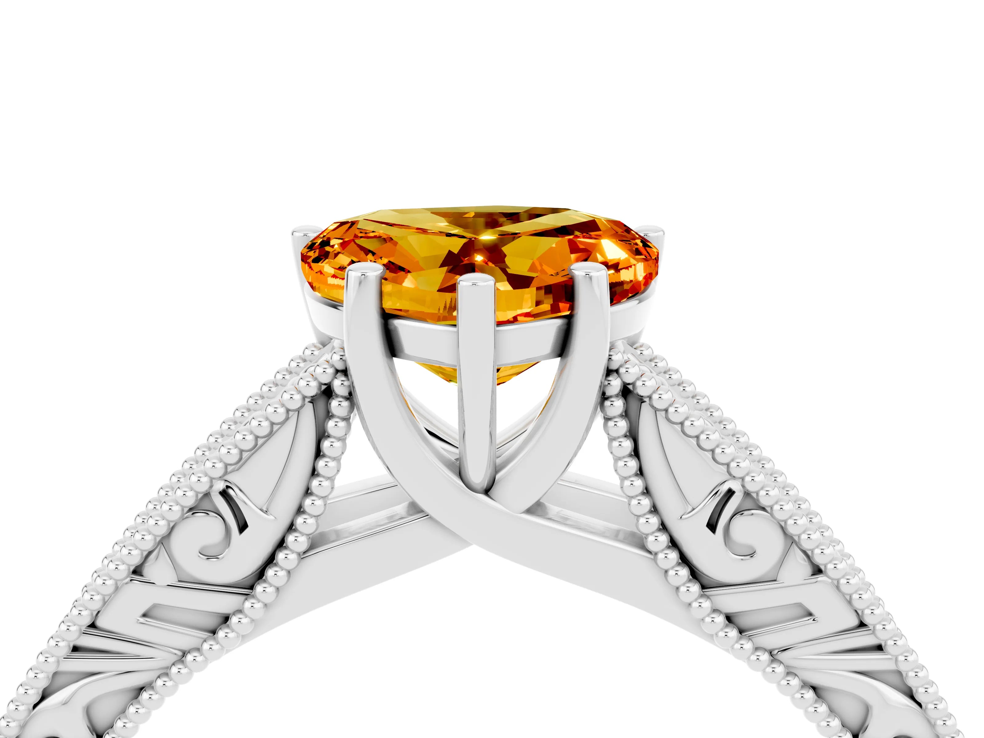 White gold Heart Cut Citrine Solitaire Ring with Engraved Band and Four-Prong Setting_4