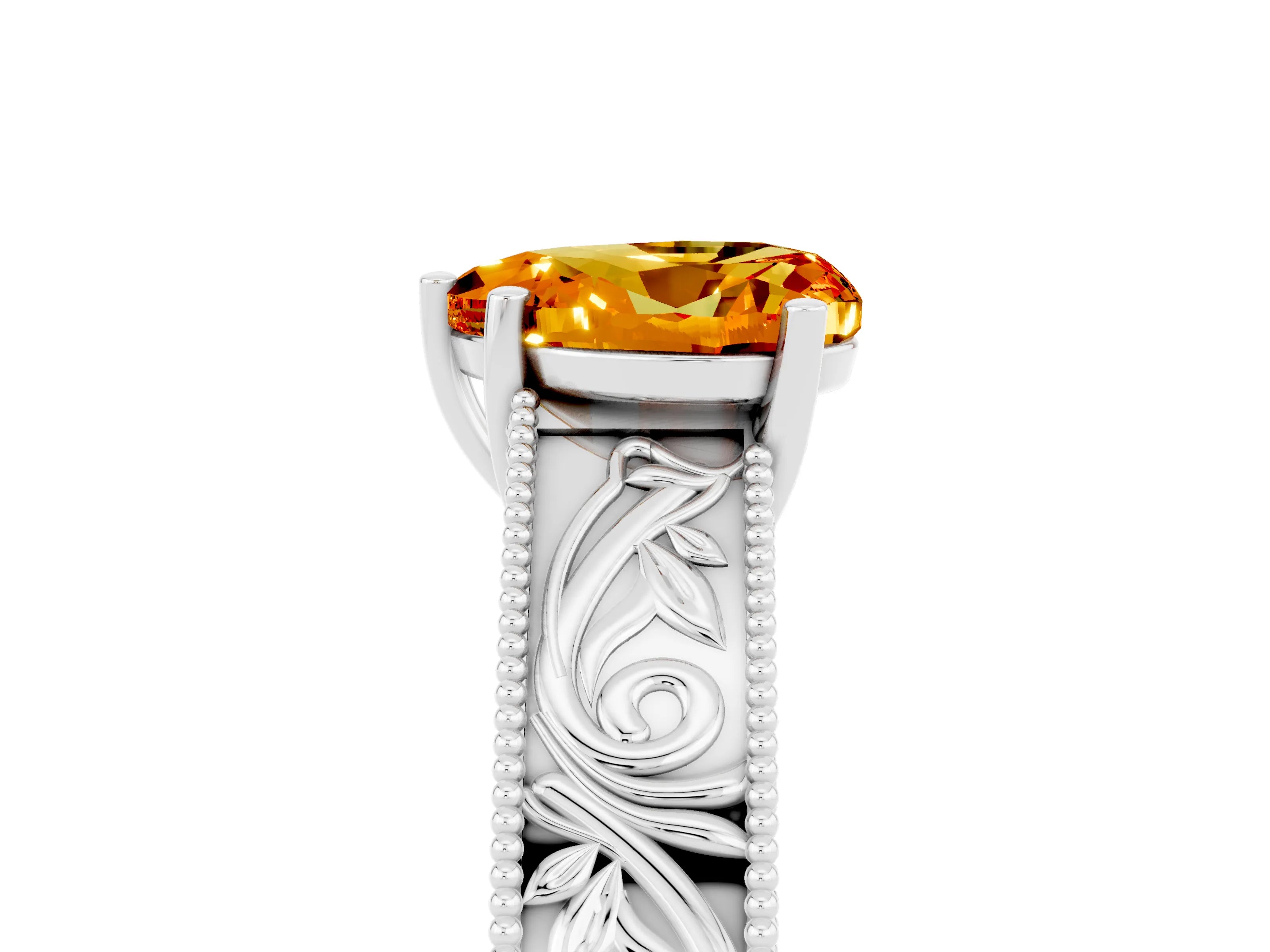 White gold Heart Cut Citrine Solitaire Ring with Engraved Band and Four-Prong Setting_5