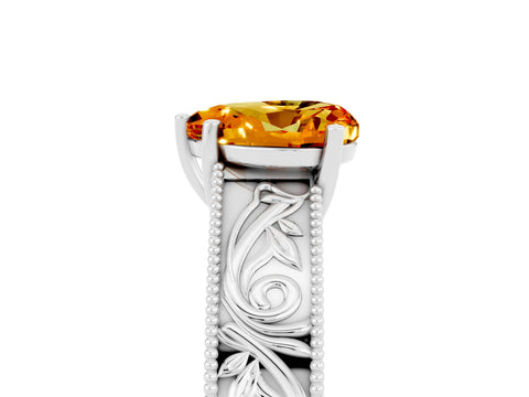 White gold Heart Cut Citrine Solitaire Ring with Engraved Band and Four-Prong Setting_5