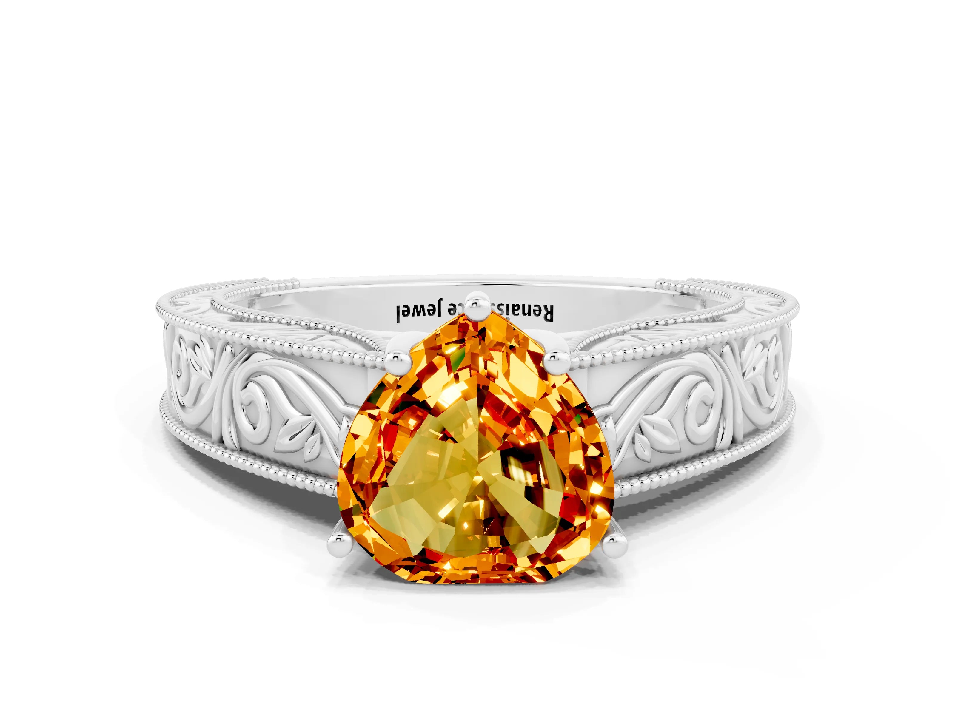 White gold Heart Cut Citrine Solitaire Ring with Engraved Band and Four-Prong Setting
