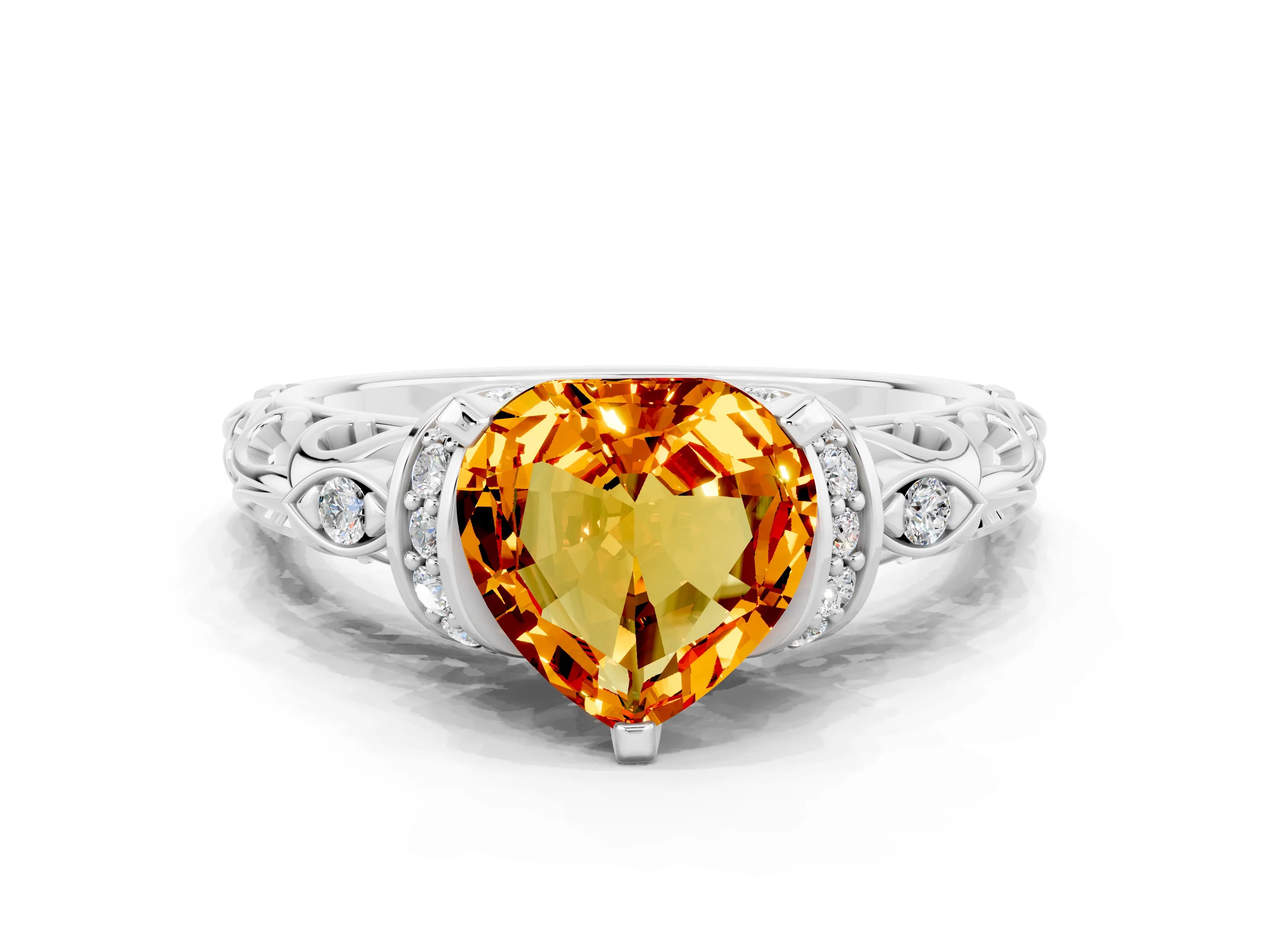 White gold Heart Cut Citrine Solitaire Ring with Filigree Band and Four-Prong Setting_24