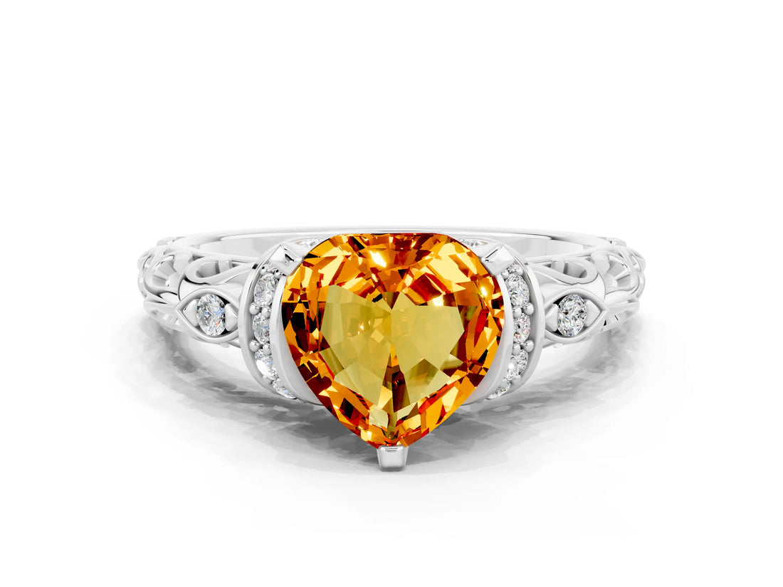 White gold Heart Cut Citrine Solitaire Ring with Filigree Band and Four-Prong Setting_24