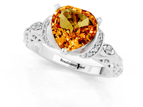 White gold Heart Cut Citrine Solitaire Ring with Filigree Band and Four-Prong Setting_25