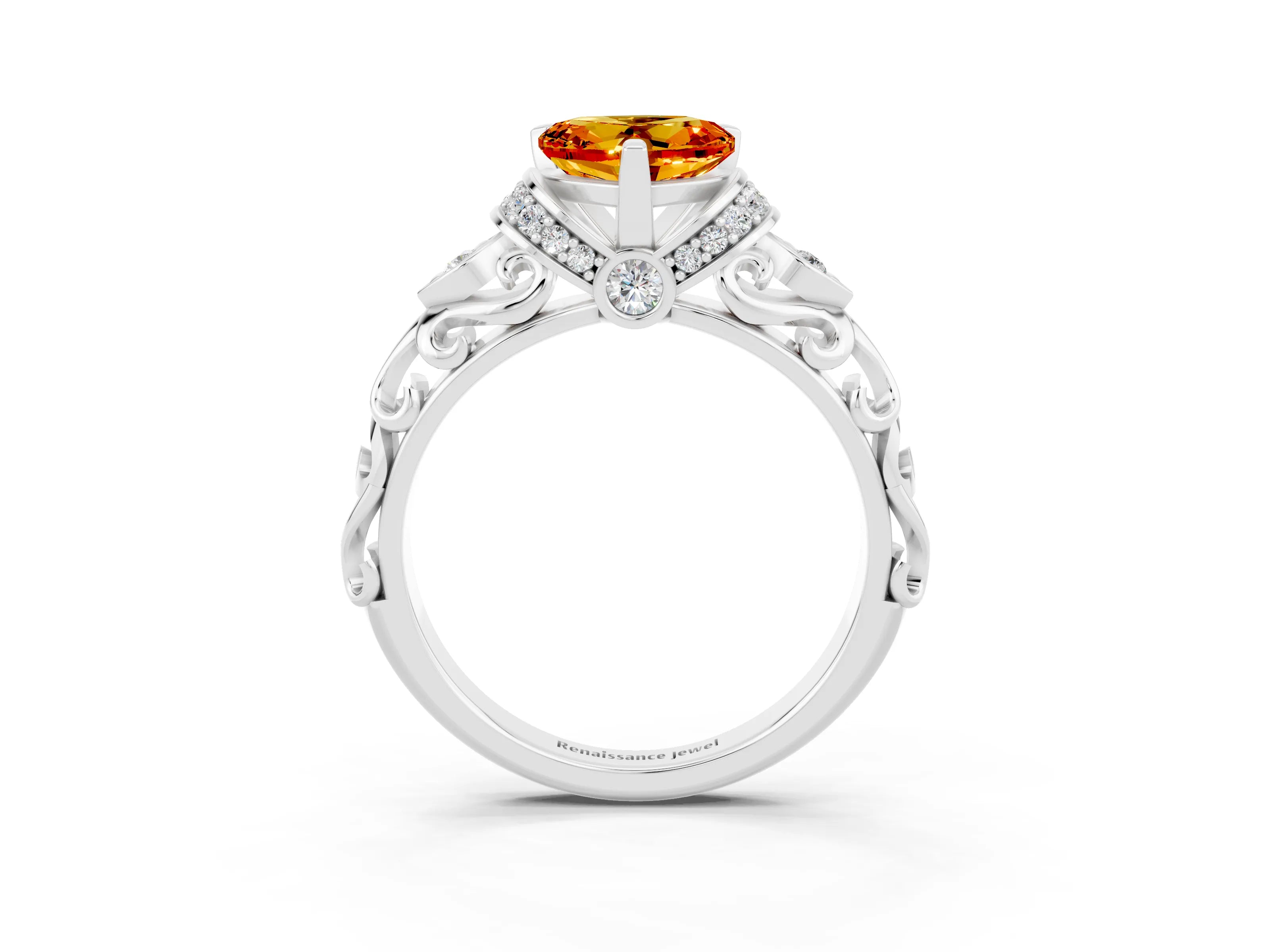White gold Heart Cut Citrine Solitaire Ring with Filigree Band and Four-Prong Setting_27