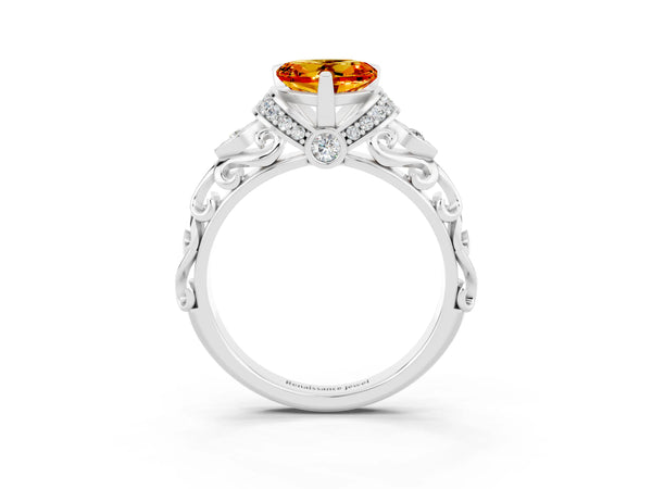 Silver Heart Cut Citrine Solitaire Ring with Filigree Band and Four-Prong Setting