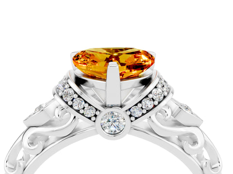White gold Heart Cut Citrine Solitaire Ring with Filigree Band and Four-Prong Setting_28