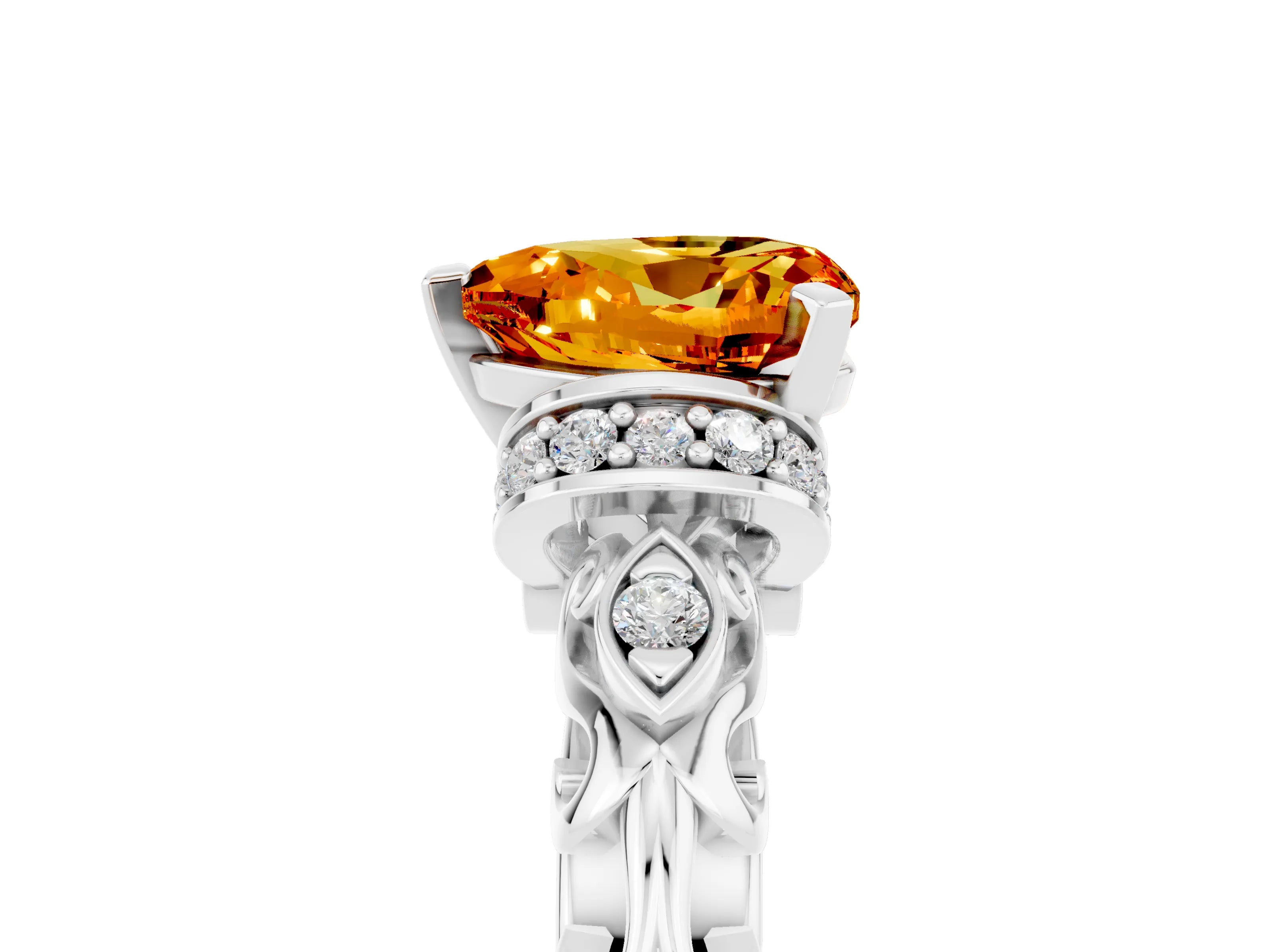 White gold Heart Cut Citrine Solitaire Ring with Filigree Band and Four-Prong Setting_29
