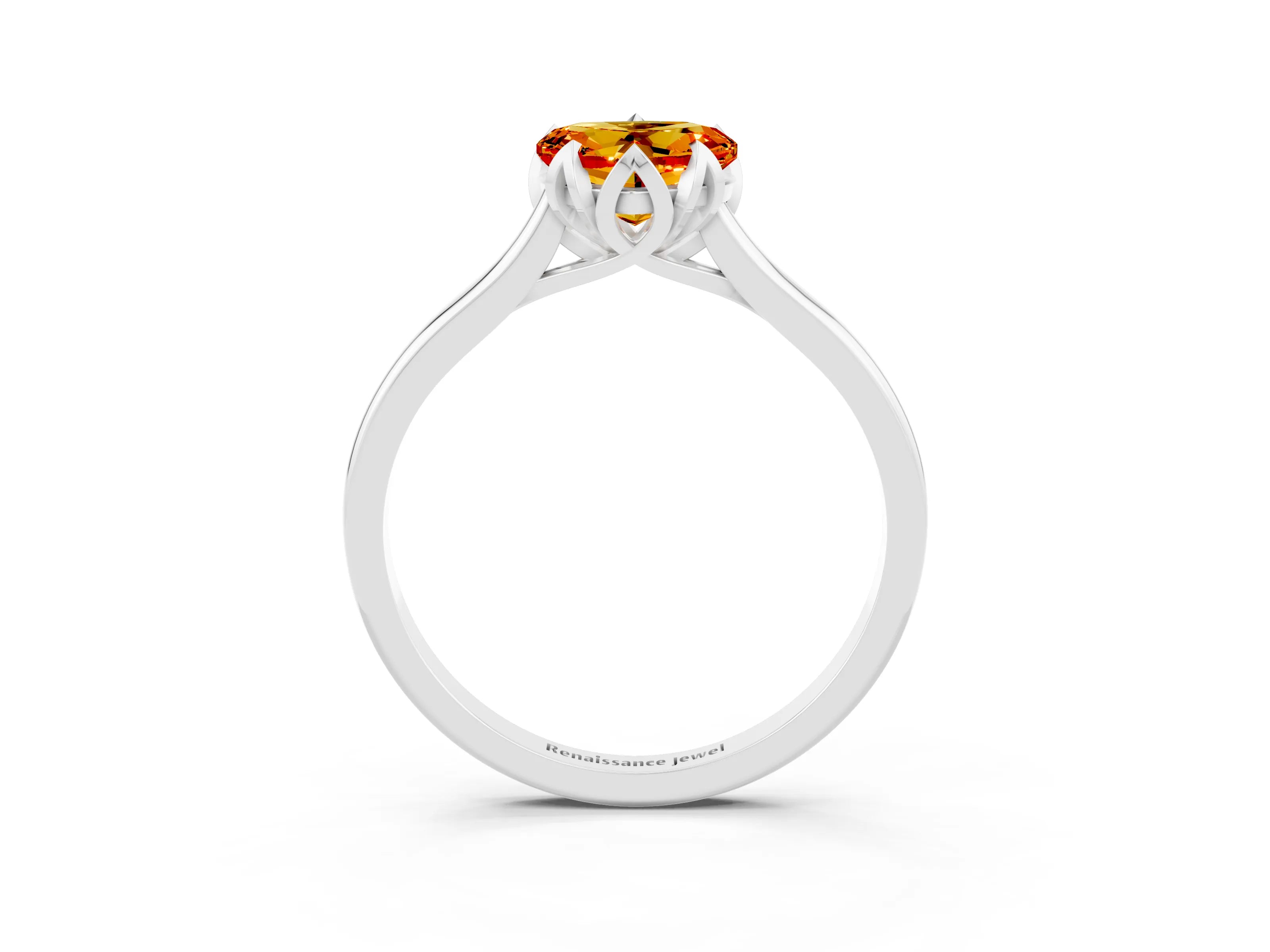 White gold Heart Cut Citrine Solitaire Ring with Flower Prong Setting and Classic Band_15