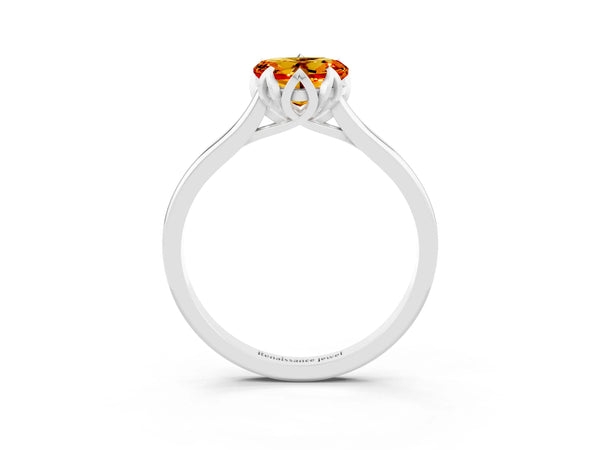 White gold Heart Cut Citrine Solitaire Ring with Flower Prong Setting and Classic Band