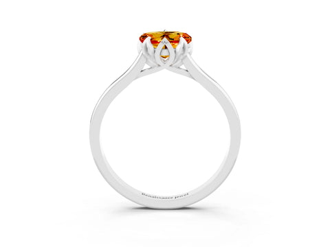 White gold Heart Cut Citrine Solitaire Ring with Flower Prong Setting and Classic Band_15