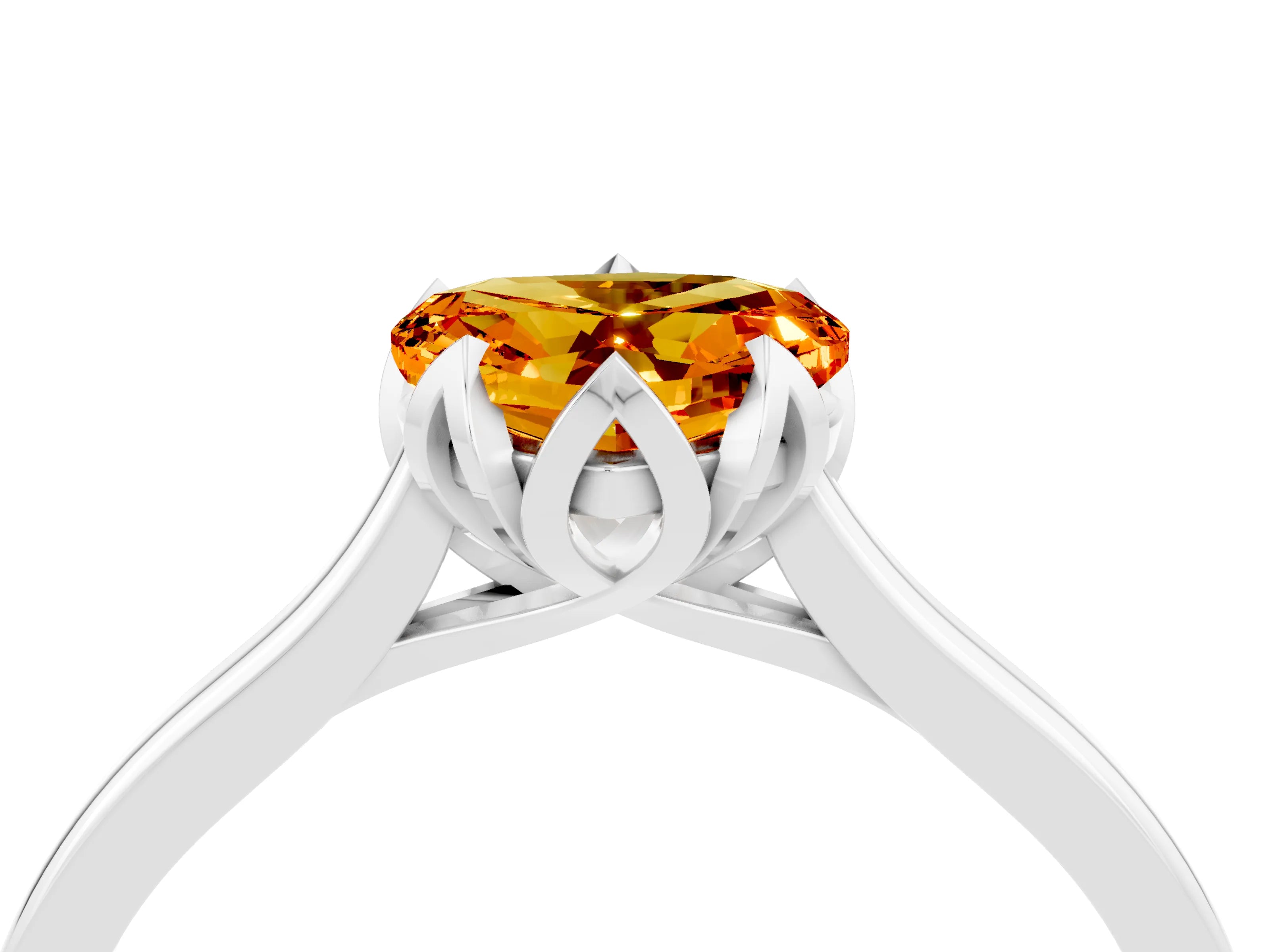 White gold Heart Cut Citrine Solitaire Ring with Flower Prong Setting and Classic Band_16