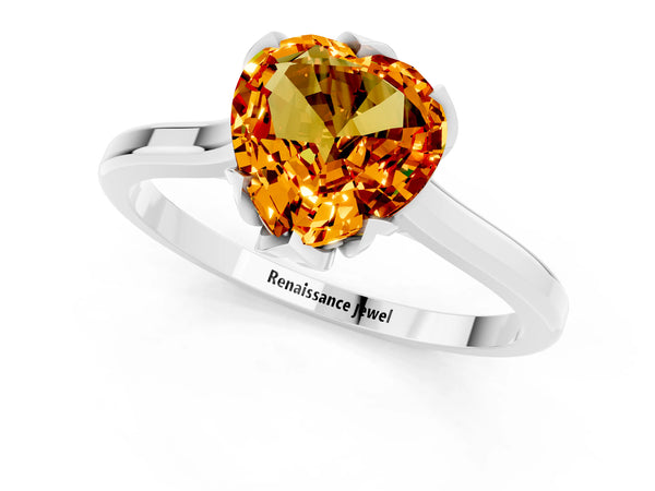 White gold Heart Cut Citrine Solitaire Ring with Flower Prong Setting and Classic Band