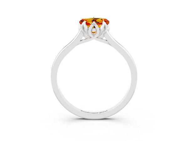 White gold Heart Cut Citrine Solitaire Ring with Flower Prong Setting and Classic Band