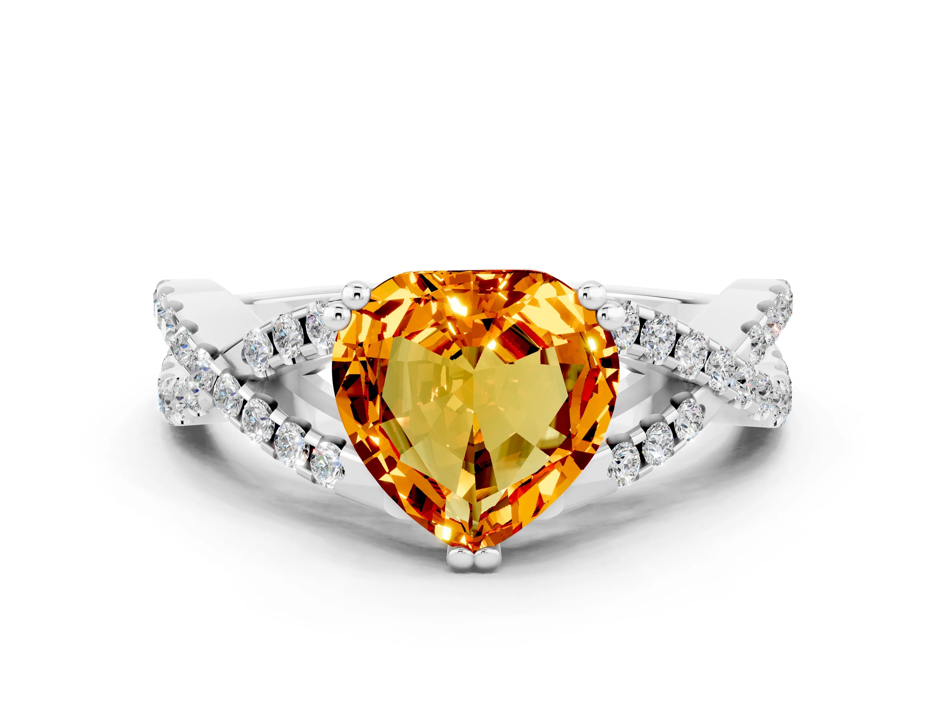 White gold Heart Cut Citrine Solitaire Ring with Four-Prong Setting and Twisted Pavé Band