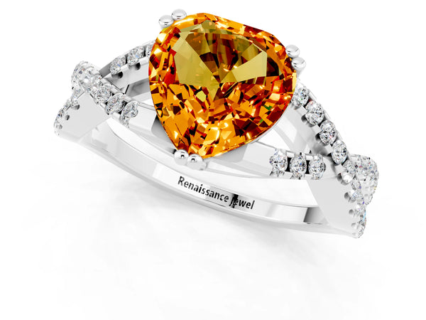 Platinum Heart Cut Citrine Solitaire Ring with Four-Prong Setting and Twisted Pavé Band