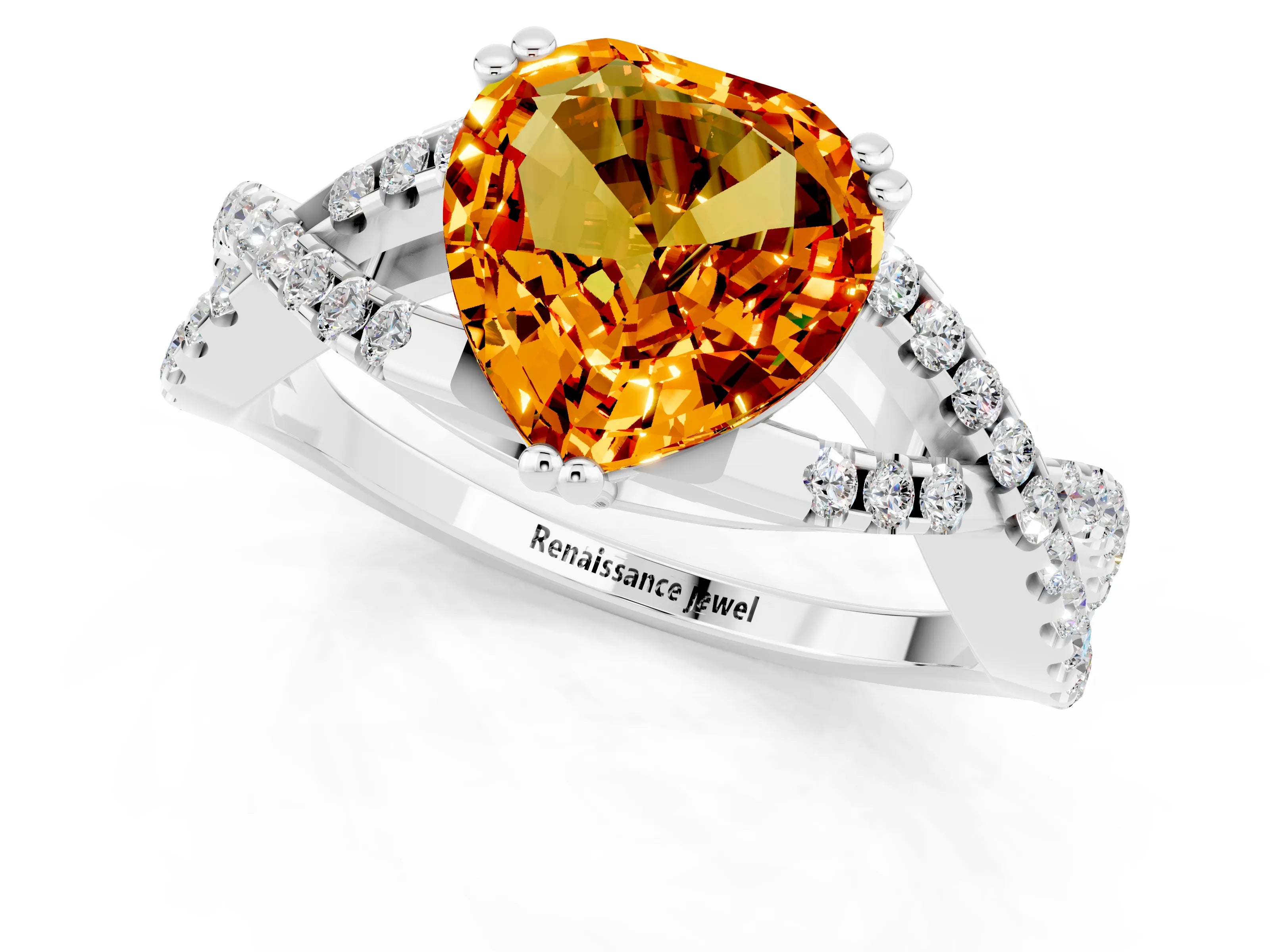 White gold Heart Cut Citrine Solitaire Ring with Four-Prong Setting and Twisted Pavé Band_1