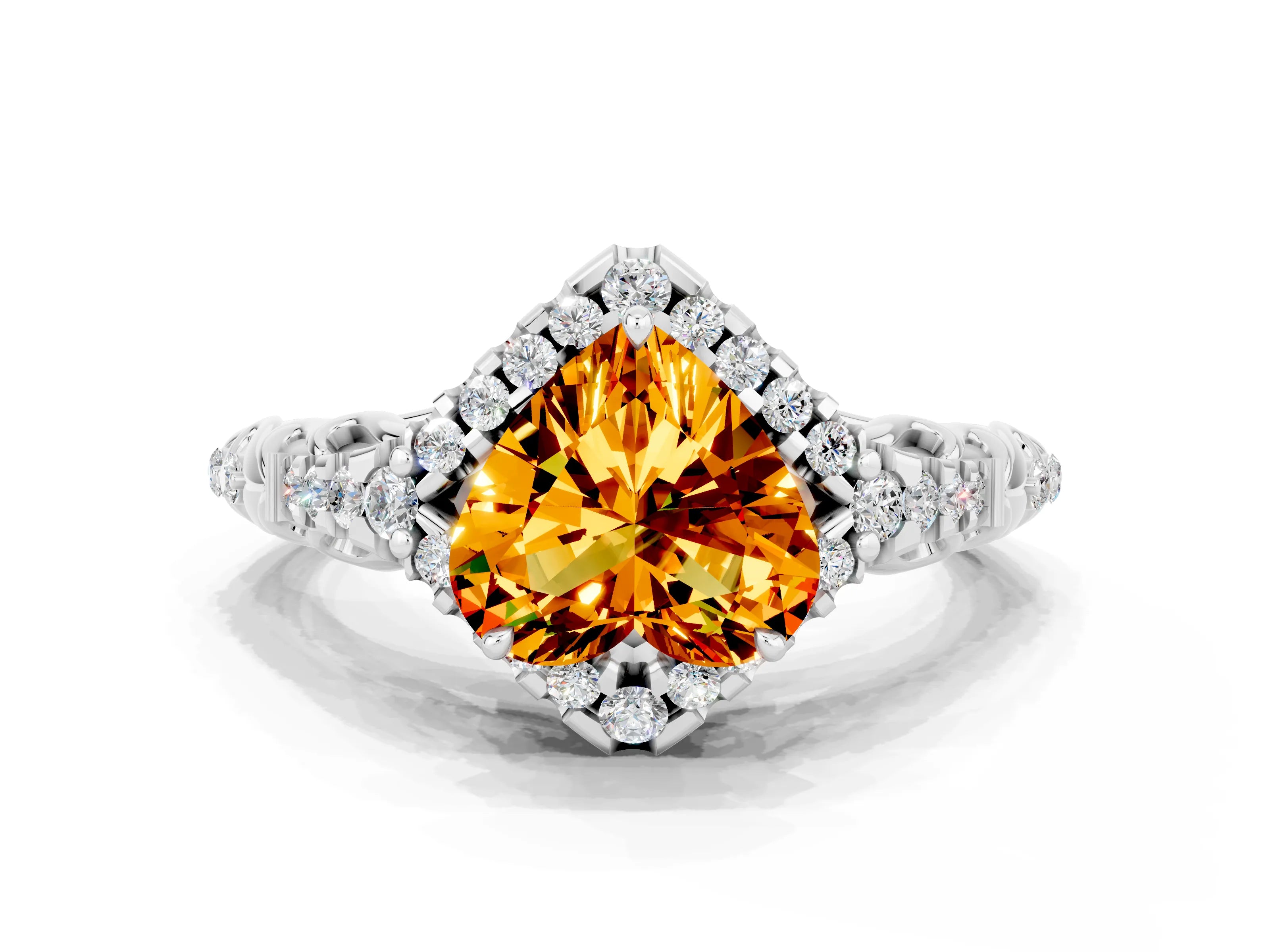 White gold Heart Cut Citrine Solitaire Ring with Hidden Halo and Pavé Band_12