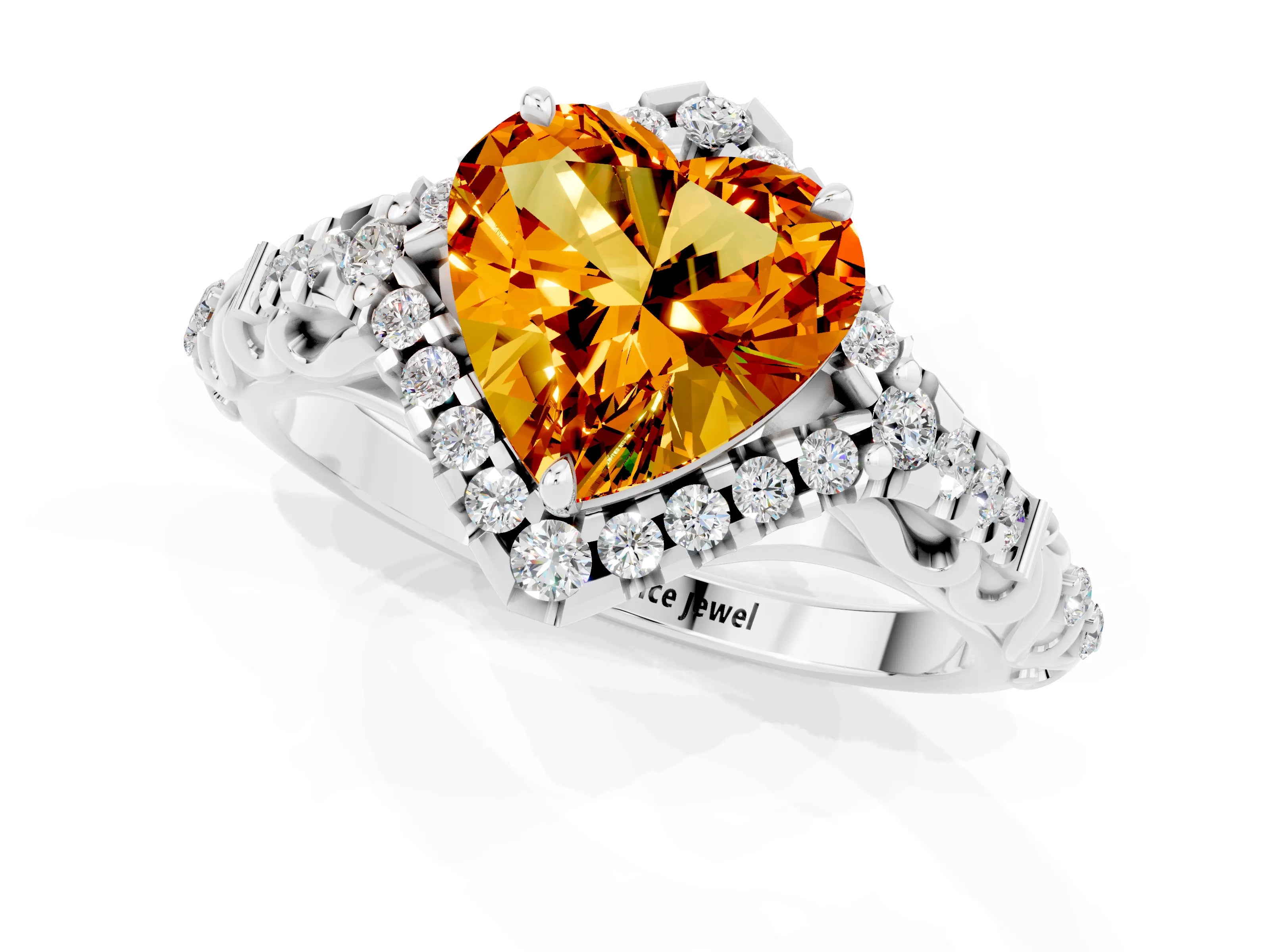 White gold Heart Cut Citrine Solitaire Ring with Hidden Halo and Pavé Band_13
