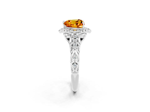 White gold Heart Cut Citrine Solitaire Ring with Hidden Halo and Pavé Band_14