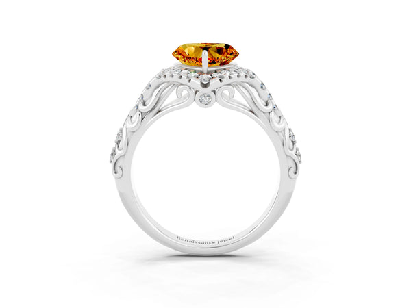 White gold Heart Cut Citrine Solitaire Ring with Hidden Halo and Pavé Band