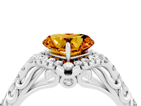 White gold Heart Cut Citrine Solitaire Ring with Hidden Halo and Pavé Band_16