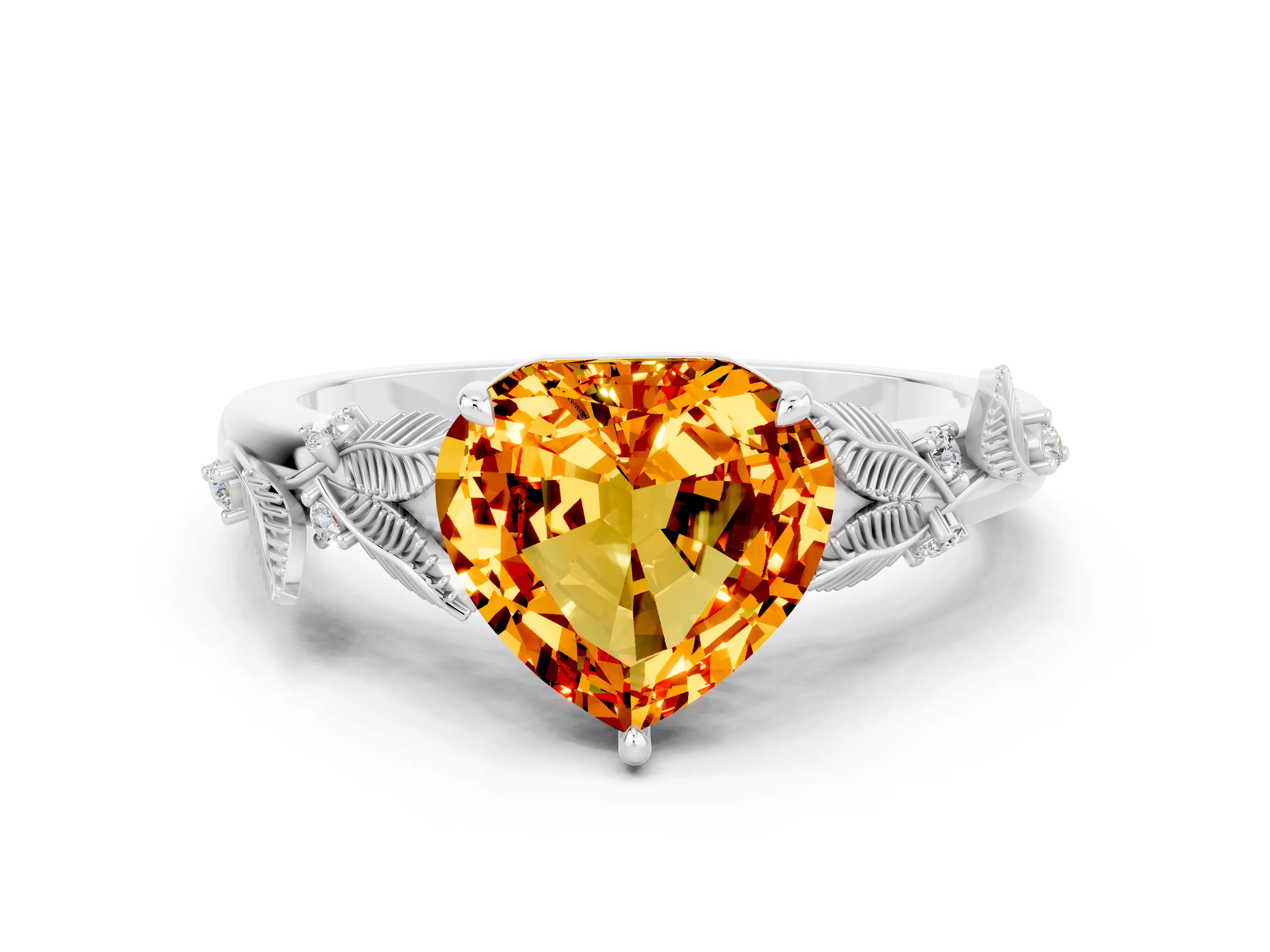 White gold Heart Cut Citrine Solitaire Ring with Leaf Motif Band and Four-Prong Setting_12