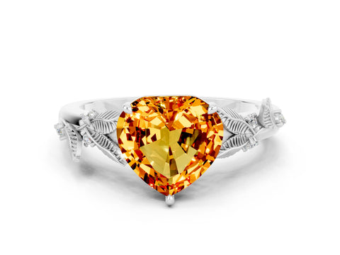 White gold Heart Cut Citrine Solitaire Ring with Leaf Motif Band and Four-Prong Setting_12