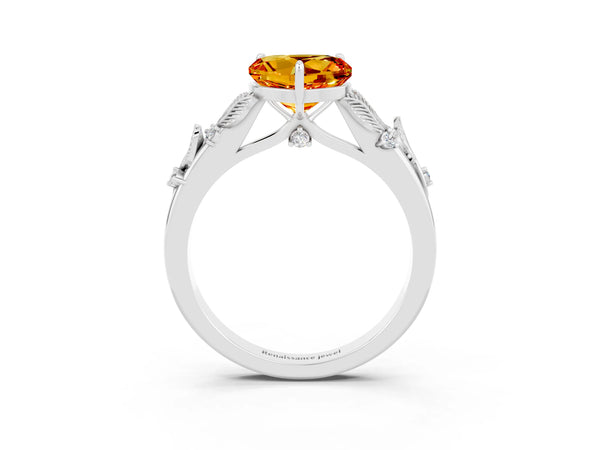 White gold Heart Cut Citrine Solitaire Ring with Leaf Motif Band and Four-Prong Setting