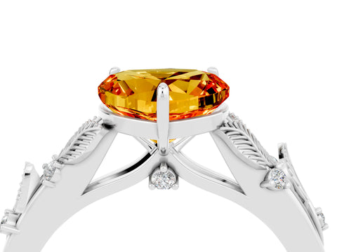 White gold Heart Cut Citrine Solitaire Ring with Leaf Motif Band and Four-Prong Setting_16