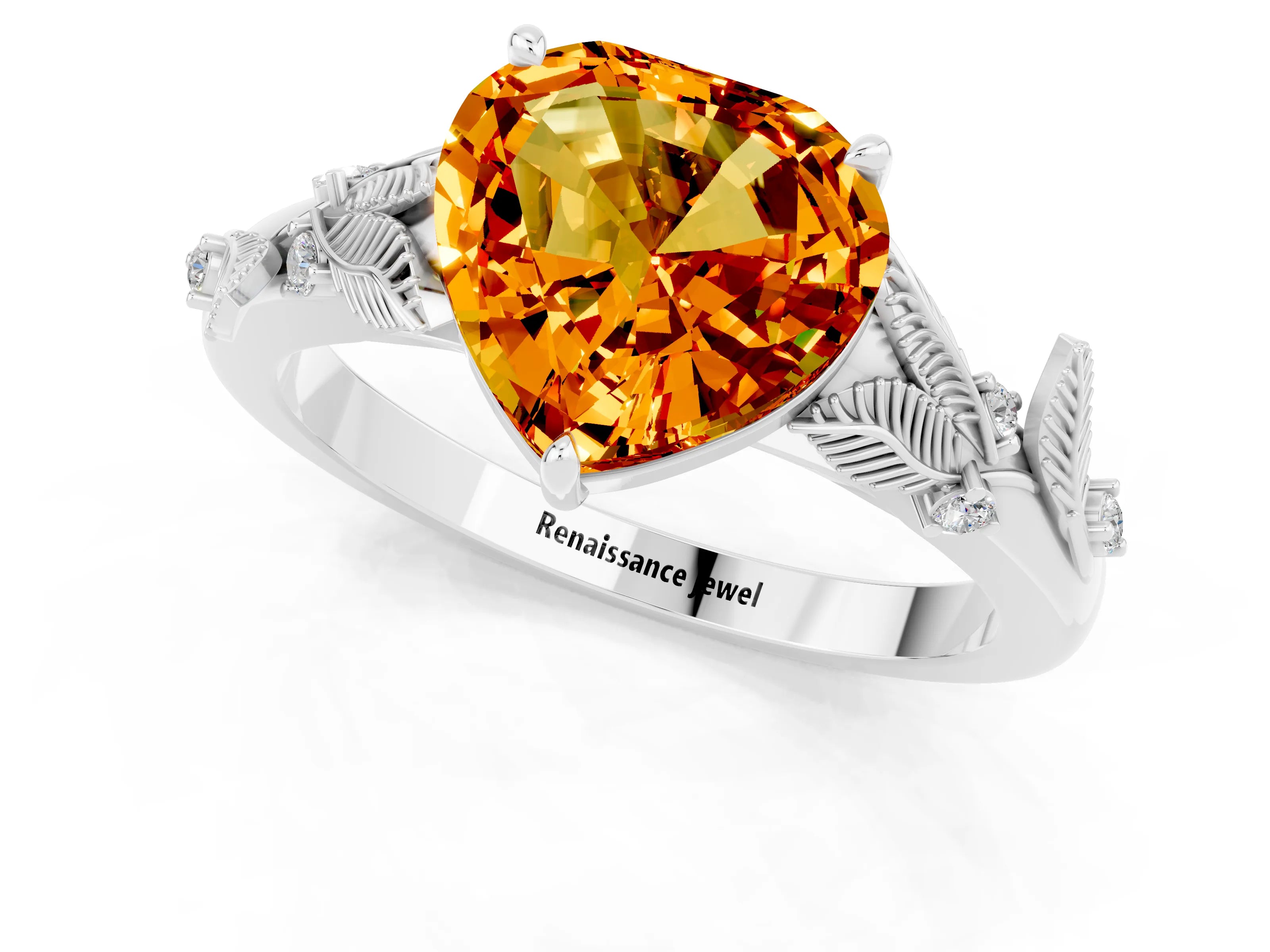 White gold Heart Cut Citrine Solitaire Ring with Leaf Motif Band and Four-Prong Setting_1