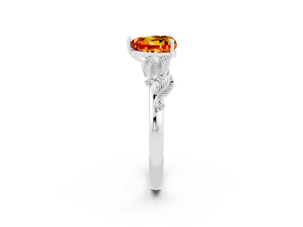Silver Heart Cut Citrine Solitaire Ring with Leaf Motif Band and Four-Prong Setting
