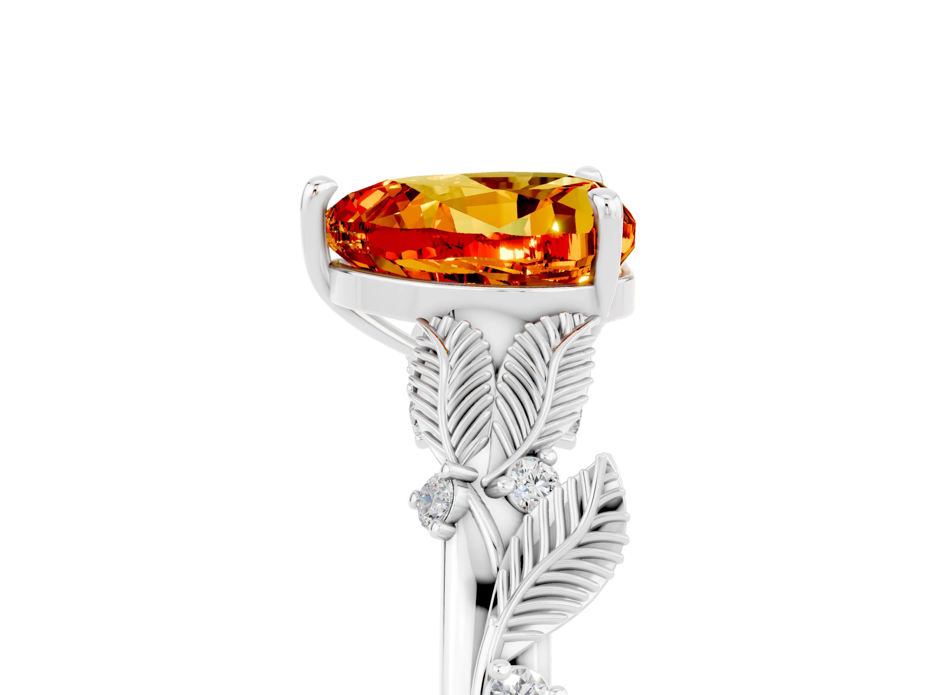 White gold Heart Cut Citrine Solitaire Ring with Leaf Motif Band and Four-Prong Setting_5